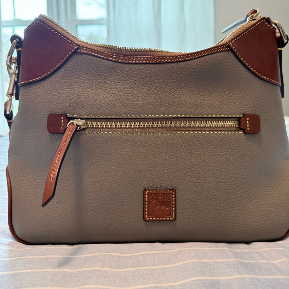 Dooney & Bourke Gray Leather Shoulder Bag with Brown Trim